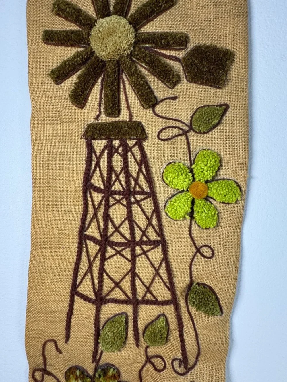 Handcrafted Burlap Yarn Wall Hanging w Windmill Floral Design 1970s Vintage
